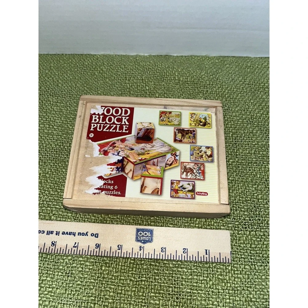 Schylling Wood Cube Puzzle , Vintage , Children Animals , Snow Scene 6 Sided 60s